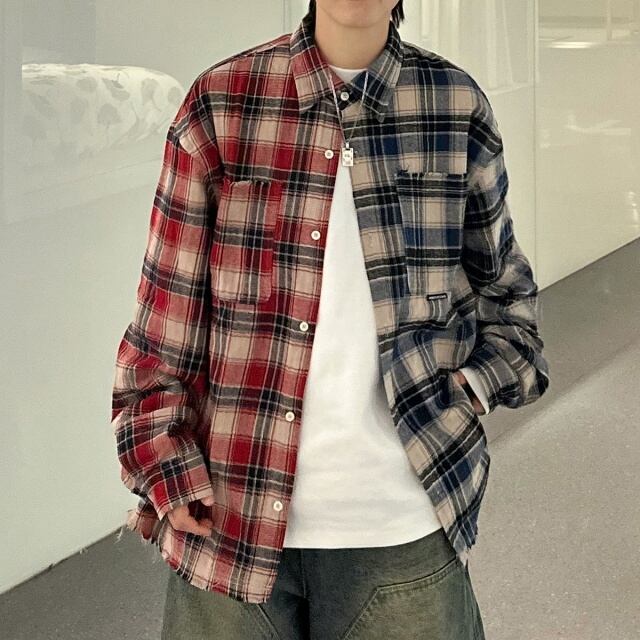 【予約販売】シャツ 長袖 トップス チェック柄 ダメージ加工 切り替え バイカラー メンズ こなれ感 カジュアル シンプル モード お洒落 こなれ感 韓国 トレンド 春 夏 秋 M/L/XL/2XL