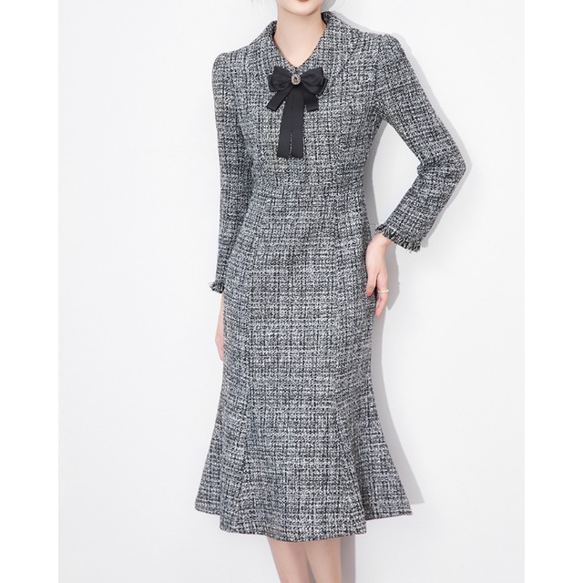 リボンタイ 長袖 ミモレ ワンピース　YH9729