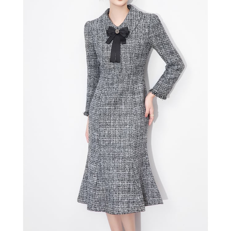 リボンタイ 長袖 ミモレ ワンピース YH9729