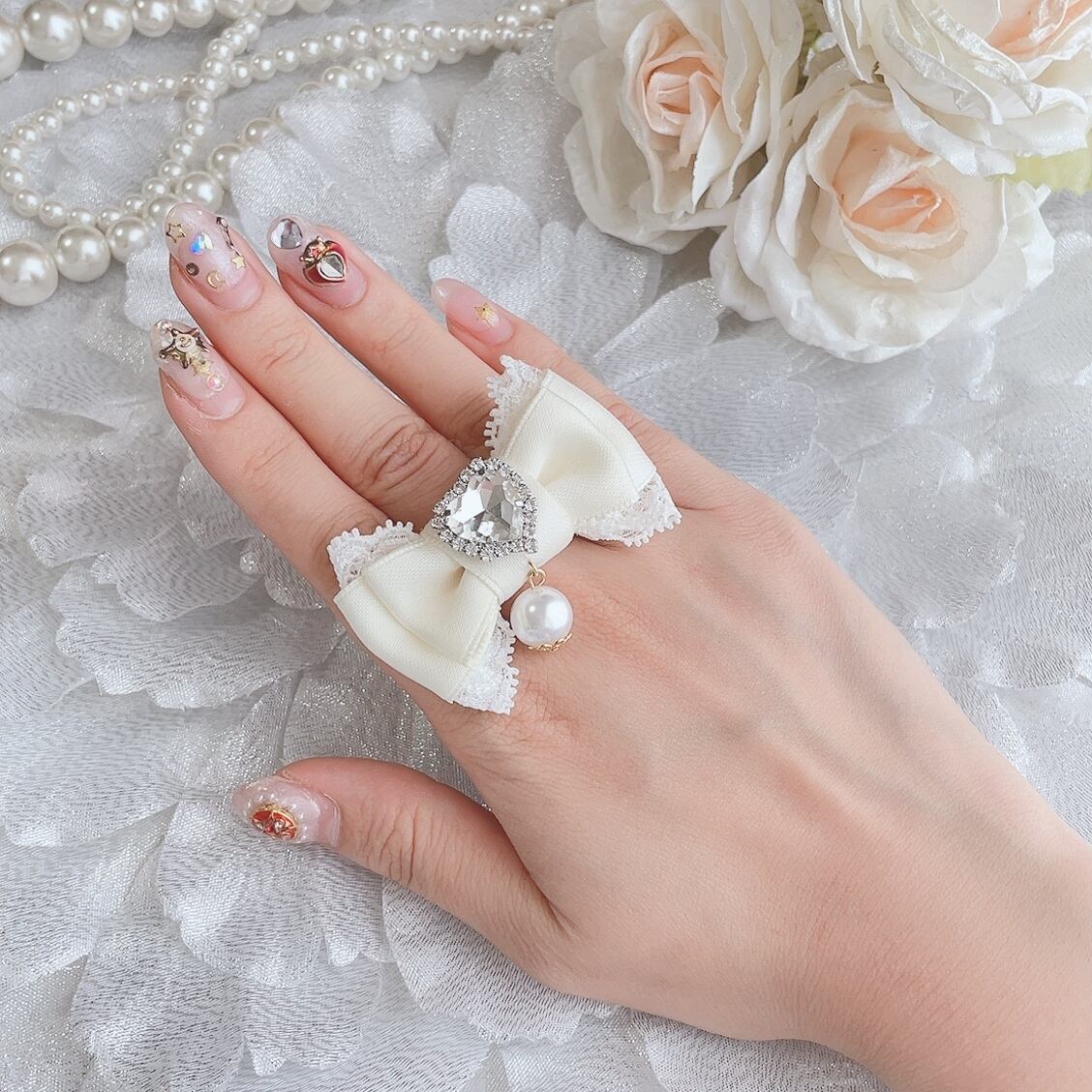 全9色]ハート×パール揺れるリボンリング | Twinkle Ribbon