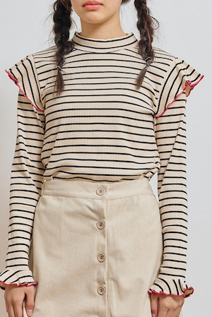 【25AW】KOQUELIKO(コキュリコ)Chisa tops black border(S/M/L)長袖Tシャツ 白黒 ボーダー リブ