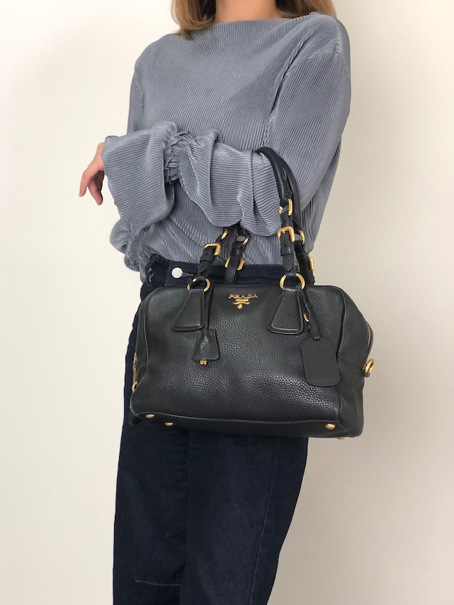 PRADA プラダ ハンドバッグ ブラック ロゴ レザー vintage ヴィンテージ オールド nn2dx6