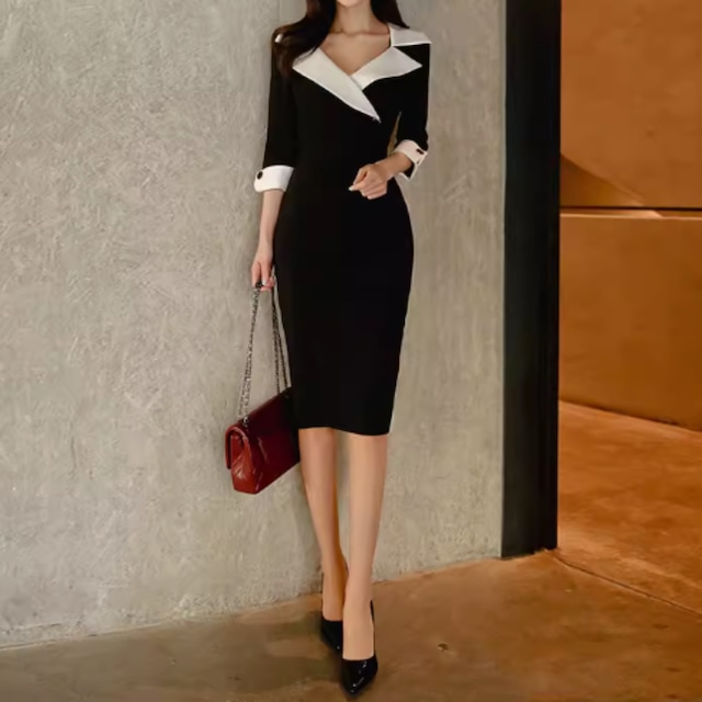 Three quarter sleeve elegant large collar dress