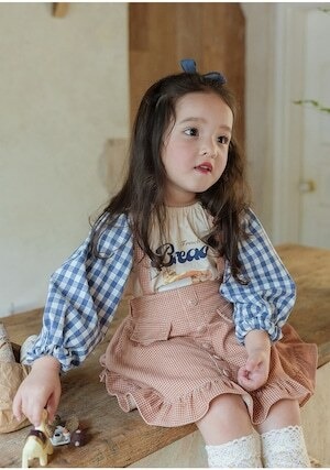 春チェック柄フリルサロペットスカート 　オレンジ100cm