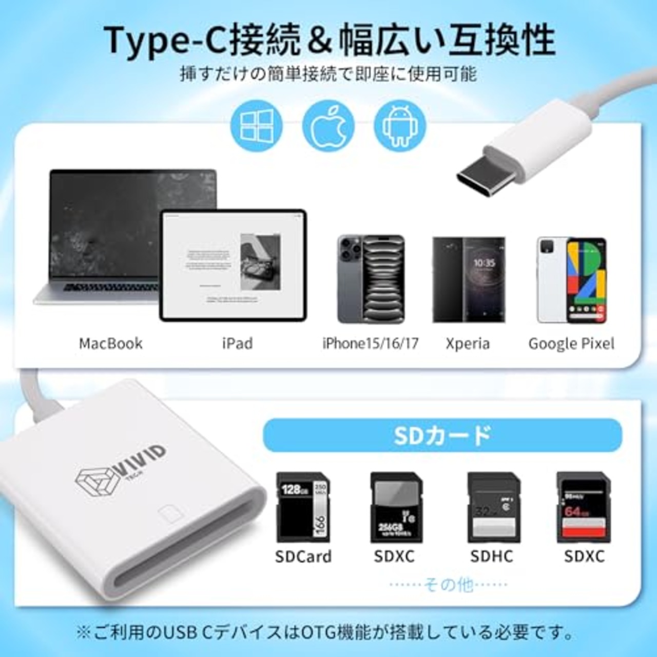 VIVID TECH sdカードリーダー 超高速タイプc カードリーダー OTG機能 カードリーダー SD 双方向 高速伝送 設定不要 写真/ビデオ/資料 SDカードリーダー iPhone iPad Windows Mac OS Android適用 SDXC SDHC MMC 対応