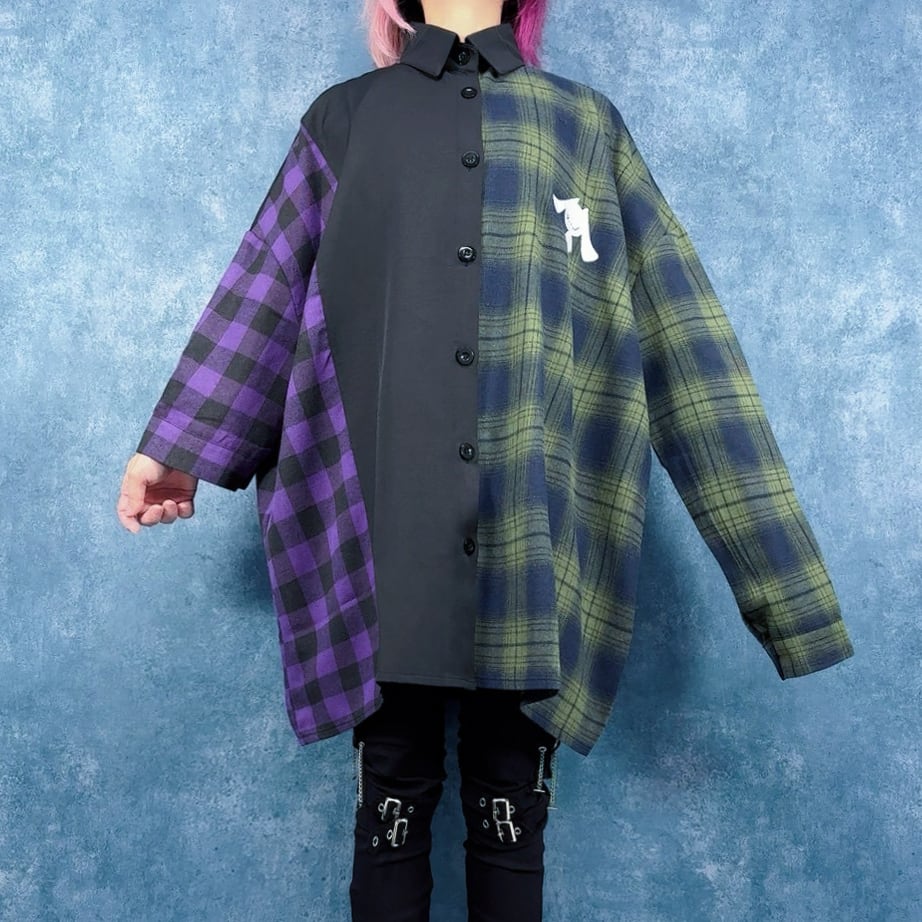 超OVERSIZE 袖丈アシンメトリーチェック柄切替シャツ | NIER CLOTHING