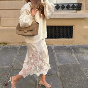 satin lace midi skirt＜sk3300＞