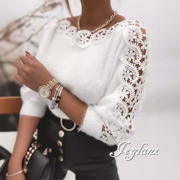 2色 ニット 長袖 セーター 刺繍 レース ポートネック しゃれ感(MB686)σ,ς*