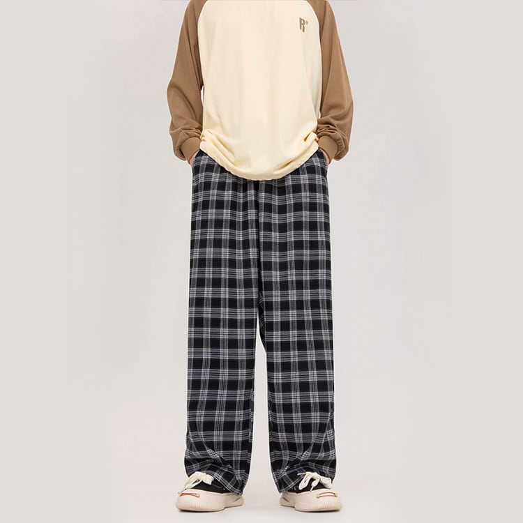 ★CONTRAST PLAID STRAIGHT LEG CASUAL PANTS（unisex)　　　A0795
