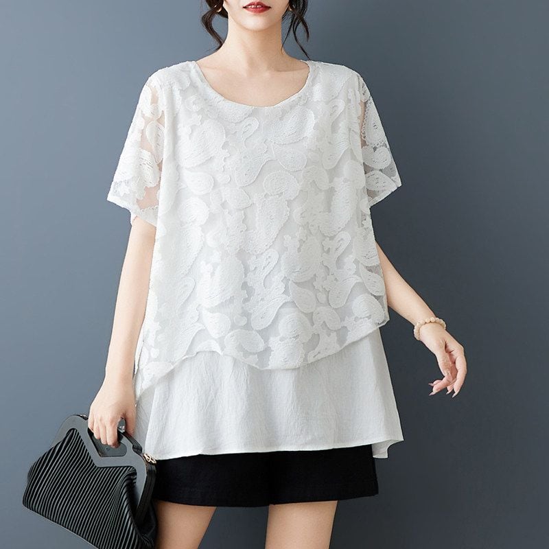 LACE PANEL FAUX LAYERED SHORT SLEEVE T-SHIRT M- M-17786