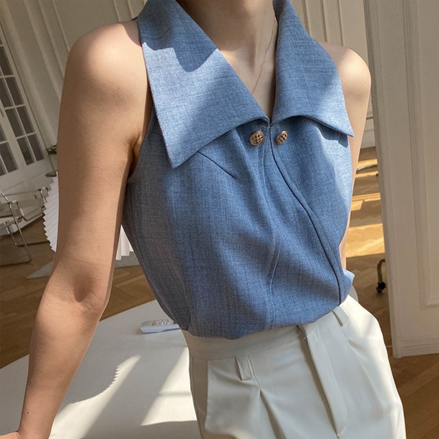 ビックカラー アクセントボタン ノースリーブトップス 00422