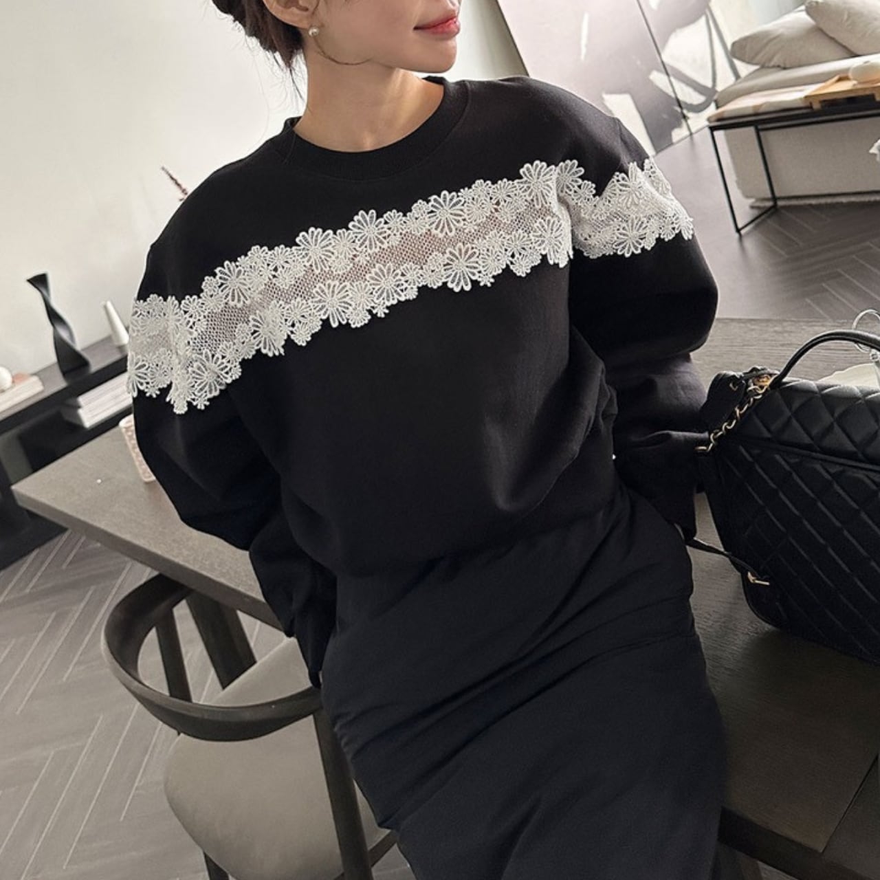 フラワーレース切替 スウェットトップス A4482