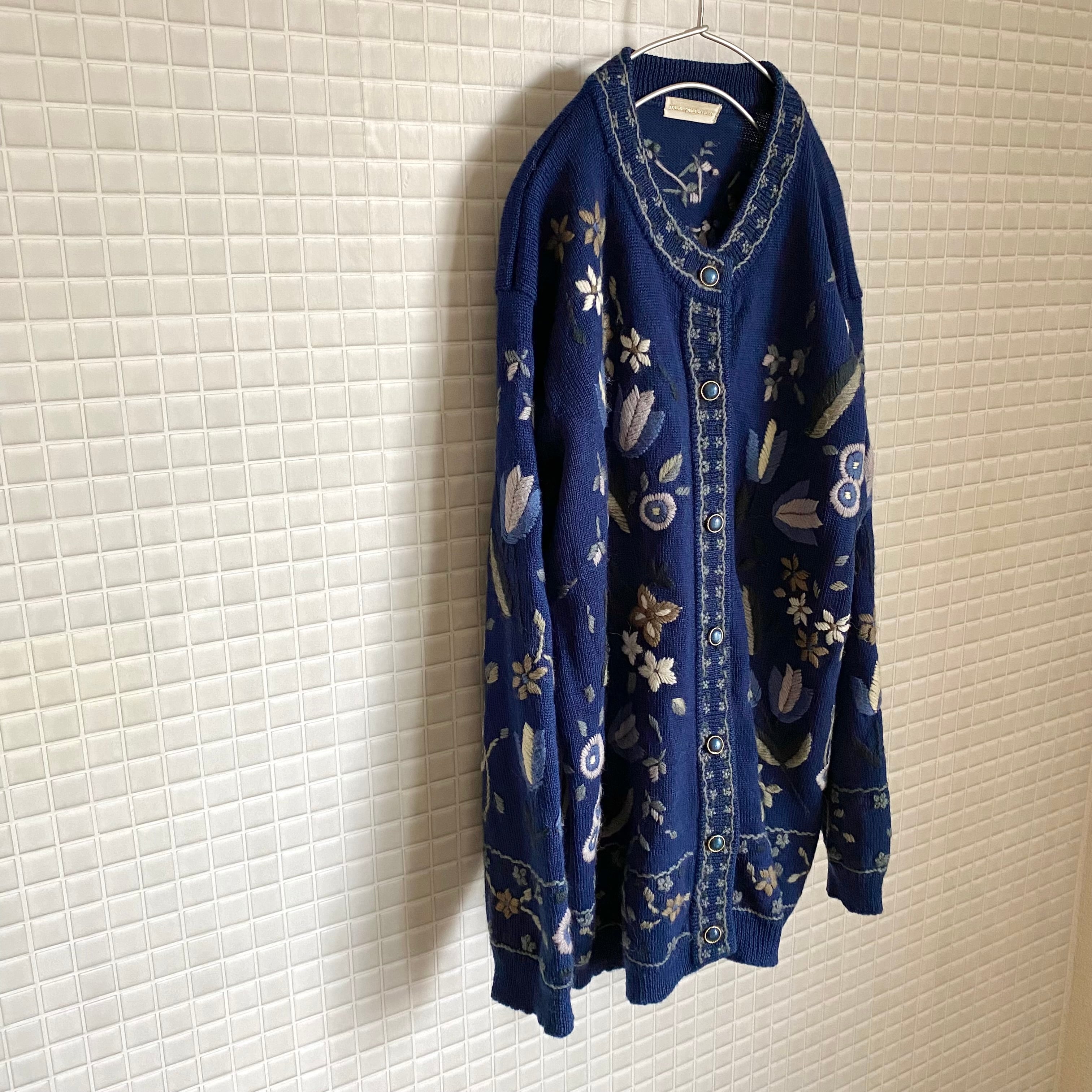 Vintage 80s retro botanical embroidery knit cardigan レトロ ...