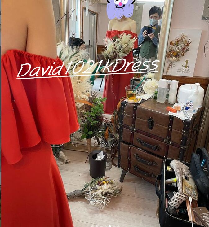 オフショルダー パーティードレス テラコッタ色 トレーン 前撮り  