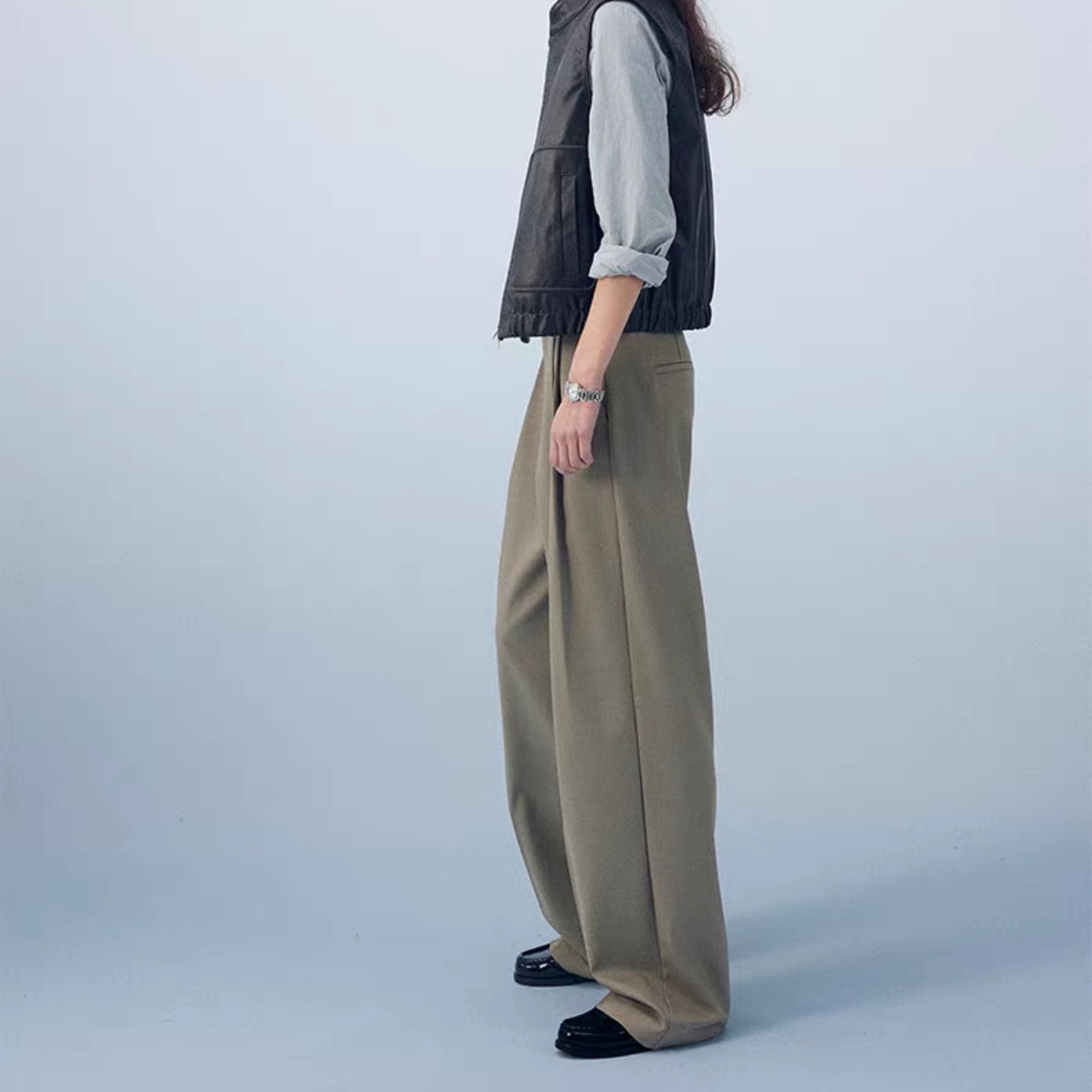 Pleated Wide Straight Full Length Pants T4302
