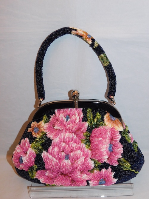 紺色に花模様ビーズビィンテージバック black color bead vintage bag