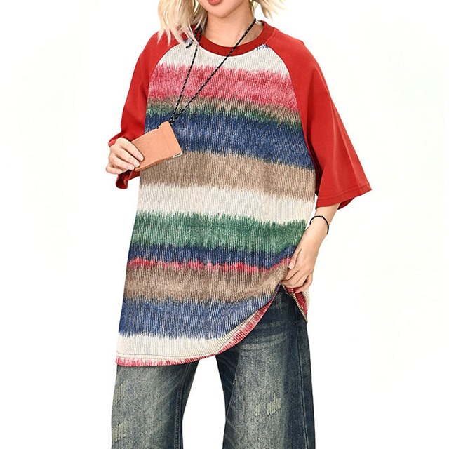 グラデーションボーダーラグランビッグトップス 2col   R01689