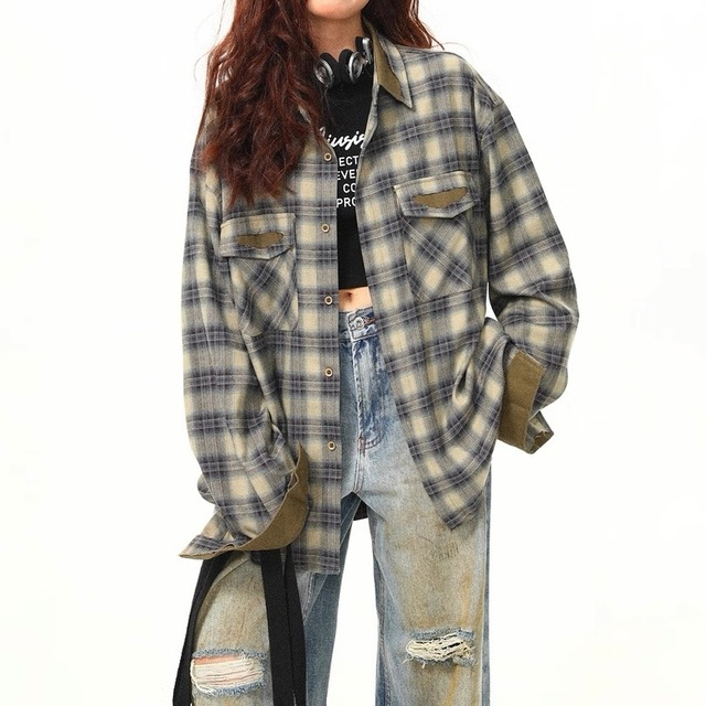 パッチポケット 長袖 オーバーサイズ チェック柄 シャツ　S1033