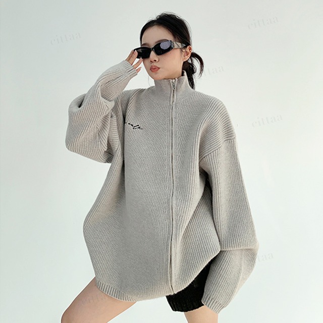 ★予約★D-734　2025秋冬新作♡アシメジップデザインハイネックニット　グレー