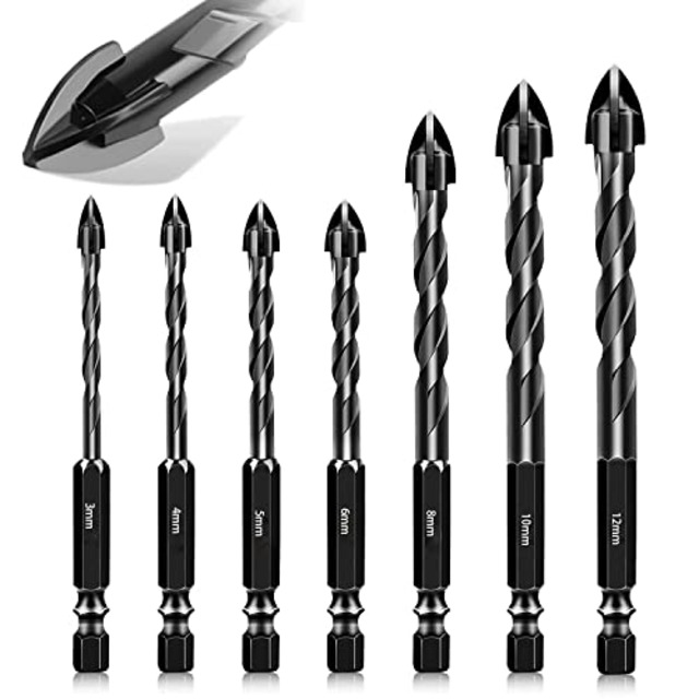 TAORAYO コンクリート ドリル ビット 陶器 ガラスドリルビット 7個入り 四刃六角軸 コンクリート ドリルビット 六角シャンクガラス ドリル 3mm 4mm 5mm 6mm 8mm 10mm 12mm 鋳物の穴あけ用 ガラス用ドリル ガラス タイル スレート 陶器 ガラスドリル刃 電動ドリルセット ツールキット あけ工具