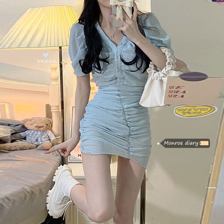 スタイルプリーツVネックドレス サマースリムショートスカート 夏物 ピュア モンロー83110225613