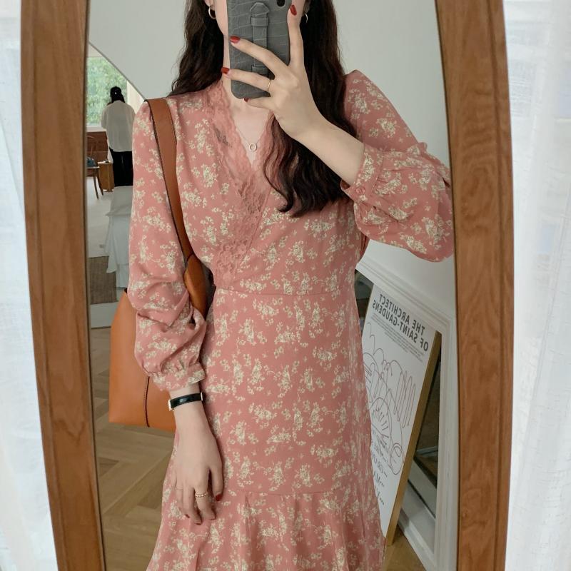 レースクロスVネックフローラルスカート 薄手ウェスト長袖スリーブドレス ロング 花柄 ビッグFスモールZ韓国18425671141