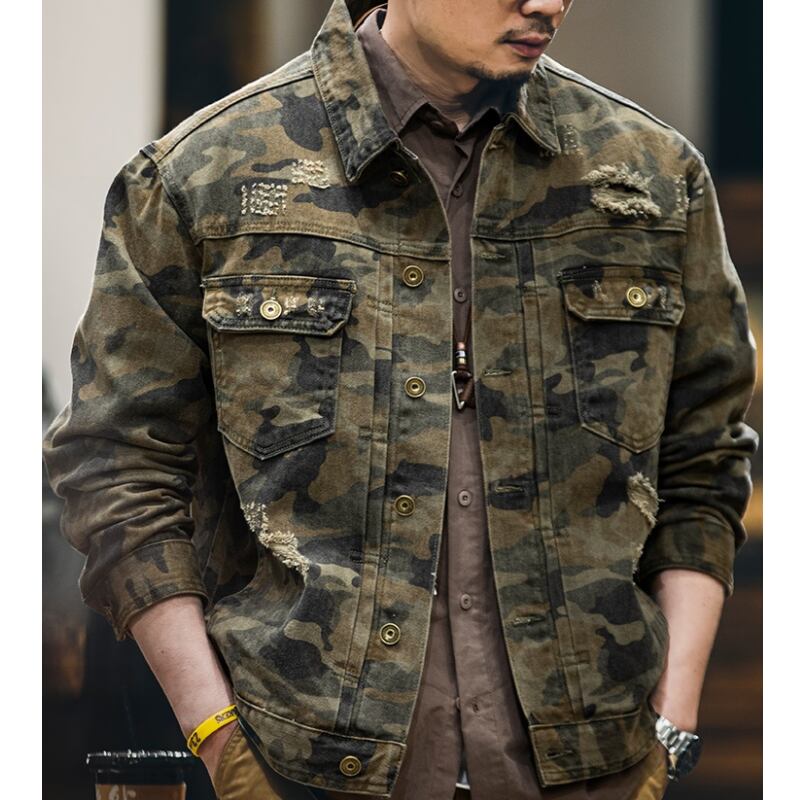 ダメージ加工ミリタリーデニムジャケット 4XLまで対応 A18645