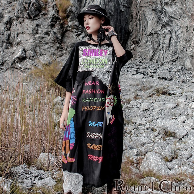 Romelcheo カラフルシャツワンピ ロングワンピース ゆったり 半袖 ロングtシャツ ストリート系 レース 涼しい 夏ワンピ 原宿系 モード系 サブカル ゆめかわ かわいい 青文字系 ファッション ロメルチェオ Romelcheo