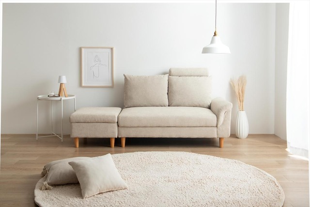 【全2色】大容量収納カウチソファ テーブルになるオットマン付き