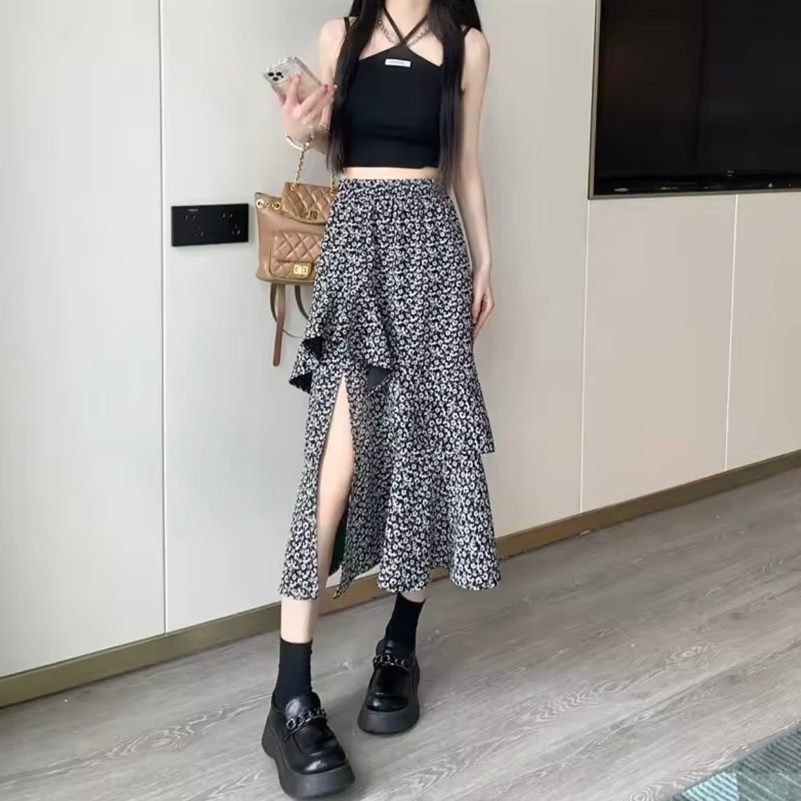 フリルフラワースリットスカート