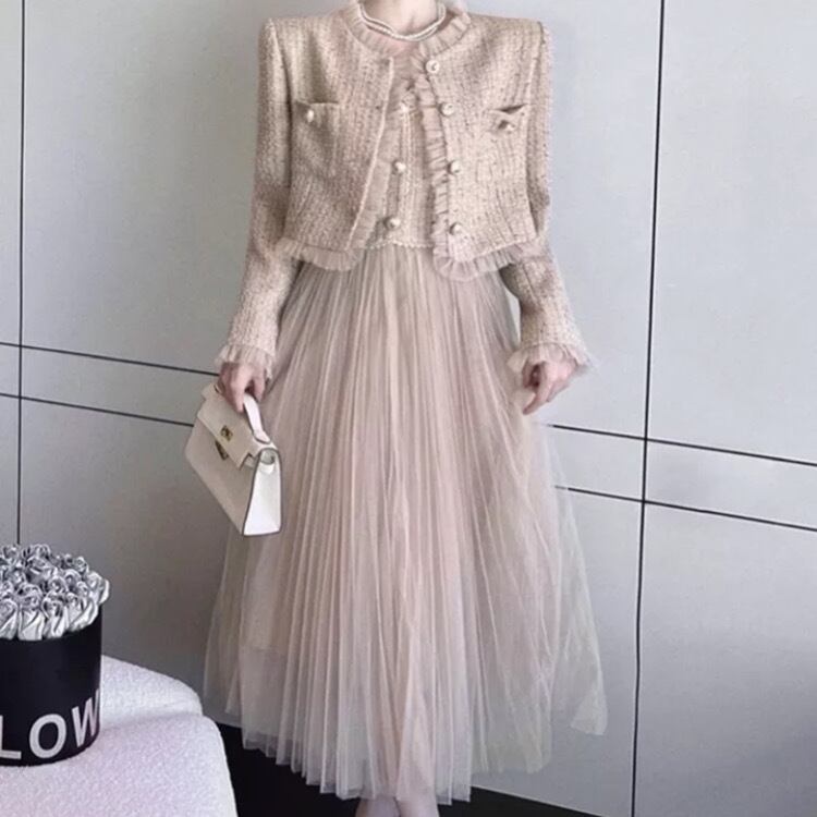 ヴィンテージベスト風メッシュドレス&ジャケット2ピース3211