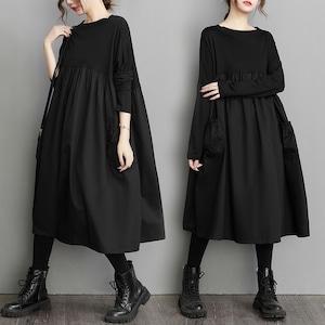 BOAT NECK BLACK A-LINE MIDI DRESS 1color M-4358