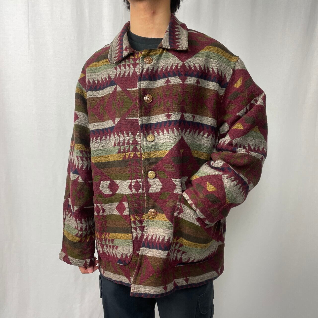 BLUE LINE ウールジャケット ネイティブ柄 メンズXL相当 古着 レッド