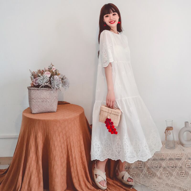 ボヘミアンホワイトロングスカート スタンダードレースドレス レトロ 大人ガーリー スウィート キュート カジュアル 延命家ファッション65425641572