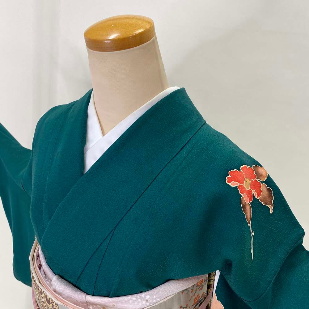 訪問着セット 5点セット 帯 長襦袢 帯揚げ 帯締め 緑 古典 中古 美品  