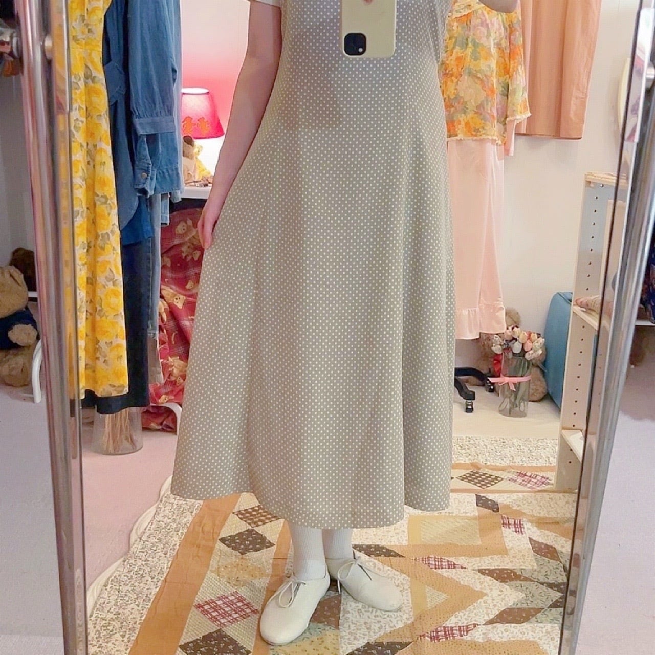 beige dot waist ribbon jumper skirt