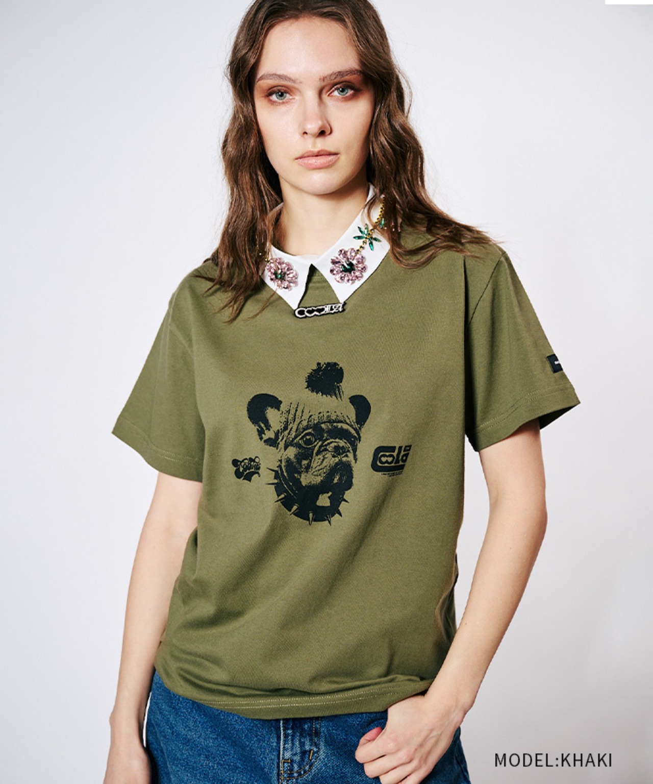 COOLAブルドッグプリントベーシックTシャツ (KHAKI)　CQ-49004