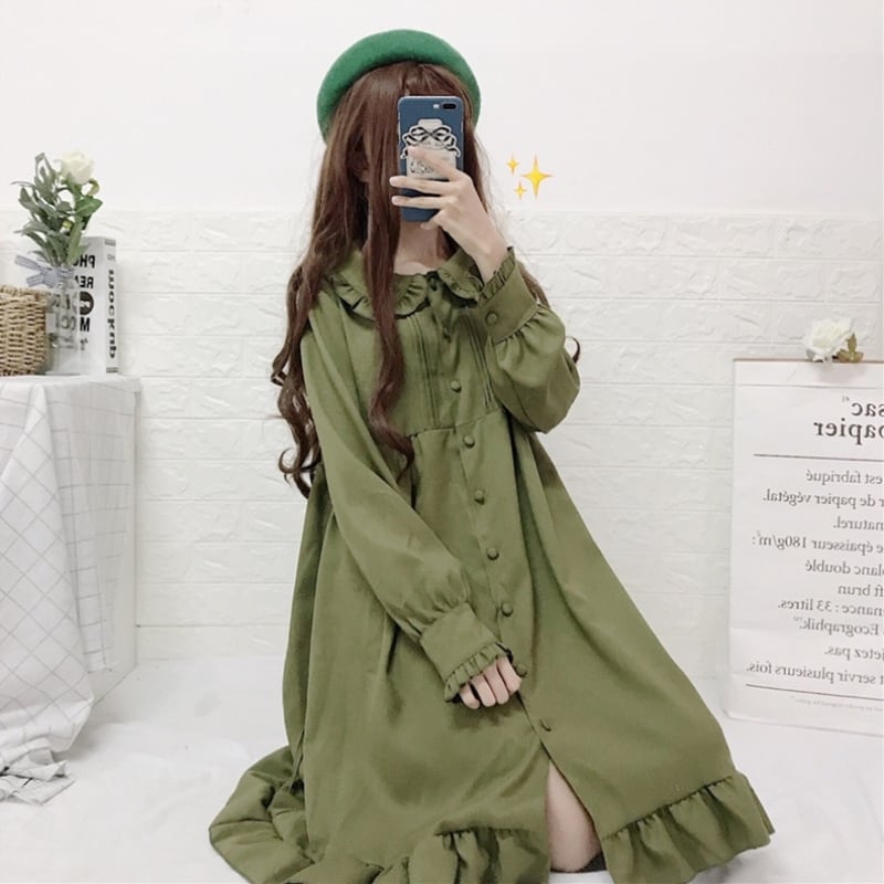ドレス ワンピース カラーグリーン 緑 レトロ 女性 レディース ゆめ
