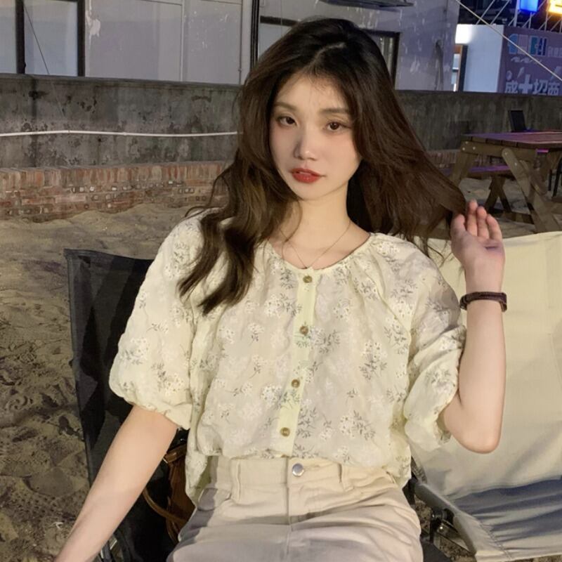 シャツ サマー薄手ルーズフローラルラウンドネック 夏物 花柄 Oネック YY-ファッション85168500552