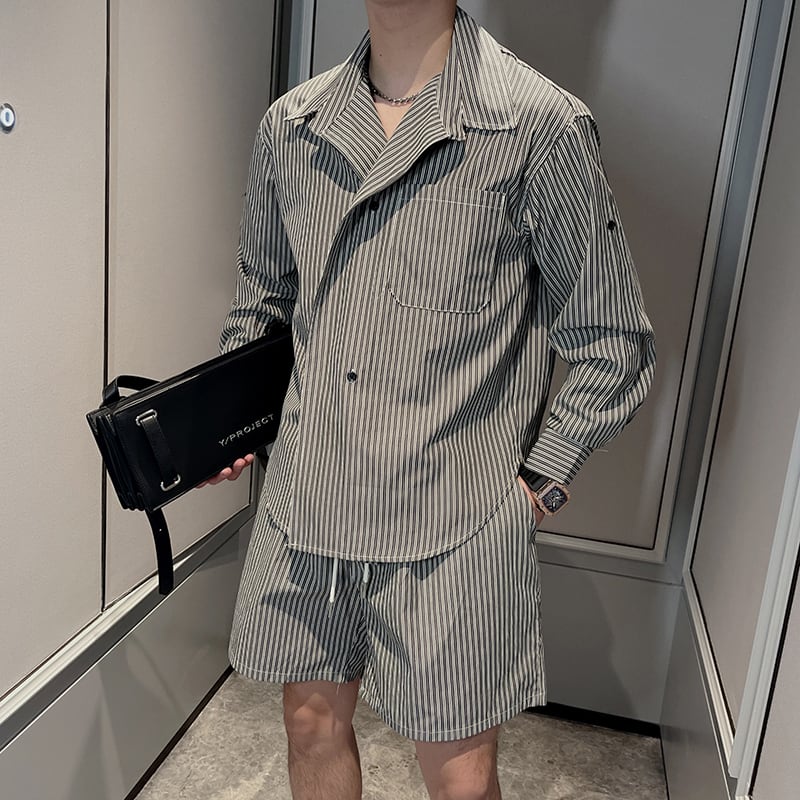 ストライプ 開襟シャツ ハーフパンツ セットアップ | Korean unisex
