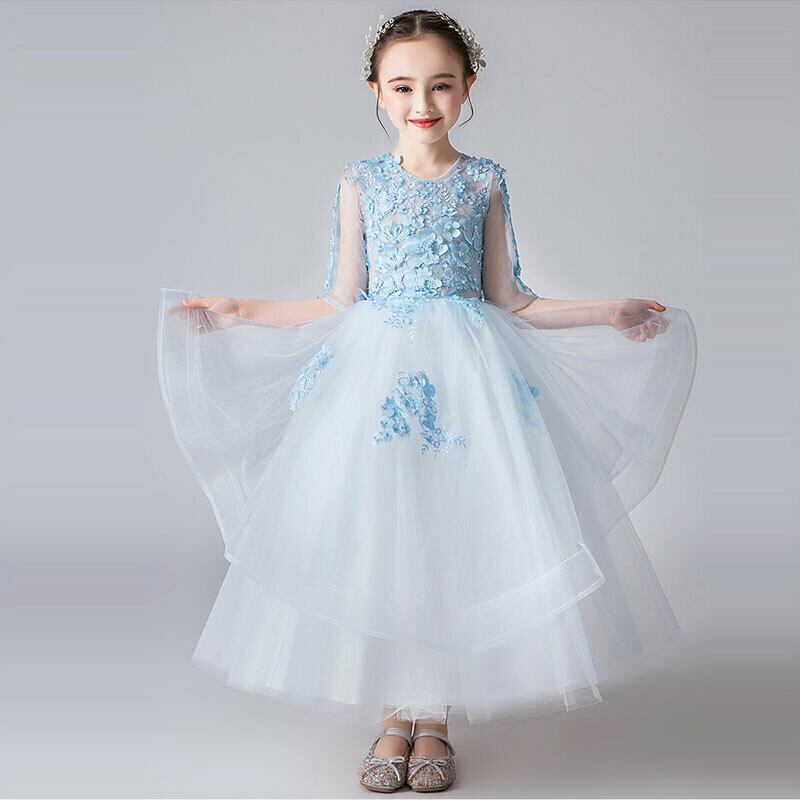 子どもドレス キッズドレス ロングドレス 刺繍 立体花飾り フォーマル用 ピアノ発表会 結婚式 花童 卒業式 子供服 女の子 ワンピース ブルー Elegant 子どもドレス キッズドレス ロングドレス 刺繍 立体花飾り フォーマル用 ピアノ発表会 結婚式 花童 卒業式 子供服 女の子 ワンピース ブルー Elegant
