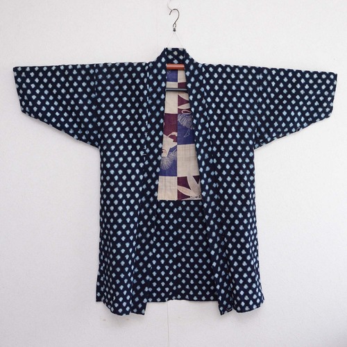 雪ん子絣 羽織 着物 藍染 あられ ジャパンヴィンテージ 木綿 昭和 | haori men indigo kimono jacket kasuri fabric snow Japan vintage