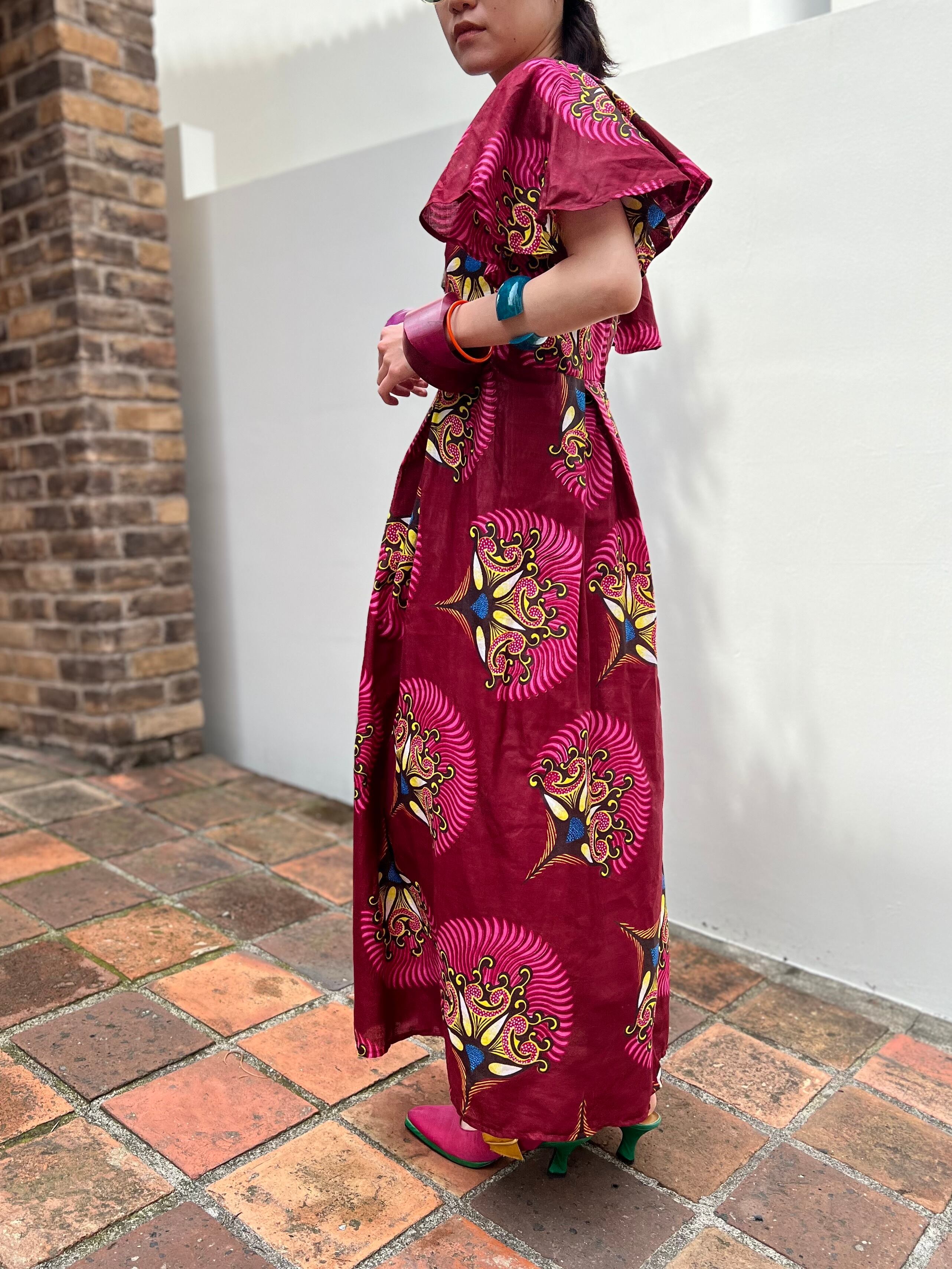 Vintage africanbatik wine red dress ( ヴィンテージ アフリカン
