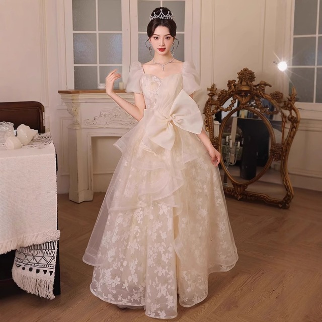 ロングドレス キャバドレス パーティードレス エレガント スクエアネック プリンセスドレス シャンパンカラー フェミニン 誕生日パーティー JC2-ZX335