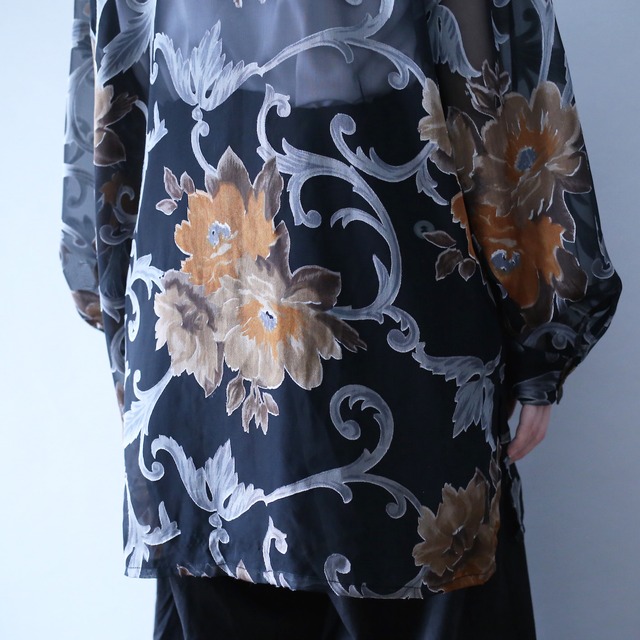 beautiful flower art pattern black mode see-through shirt