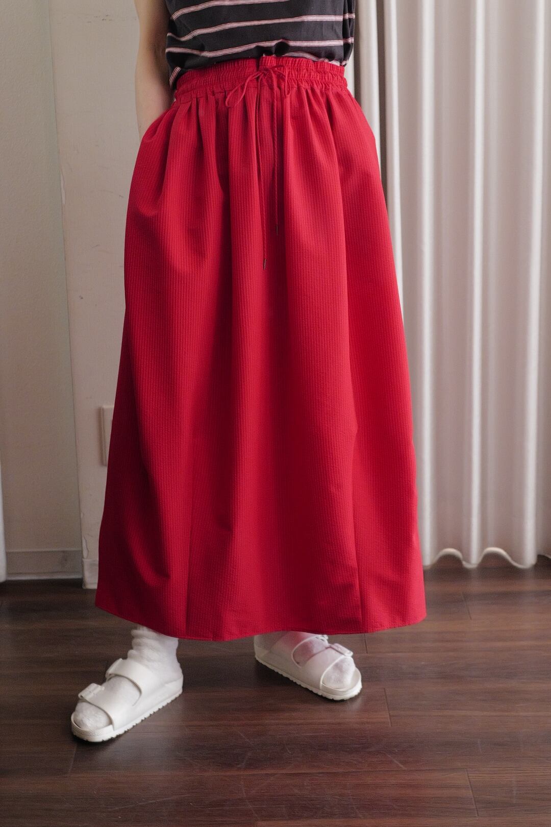 seersucker gather skirt red