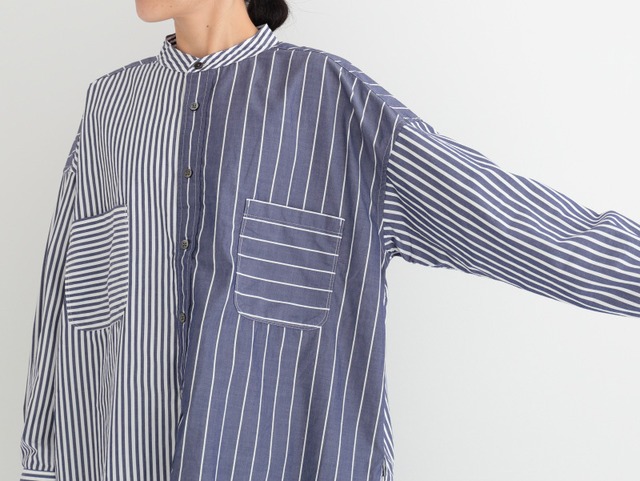 プリット prit ブロードストライプパターンミックススタンドカラービッグシャツ(P80247)ネイビー【レターパックプラス可】