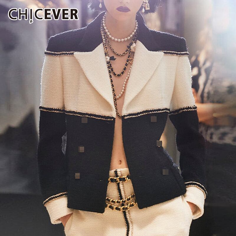 CHICEVERツイードブレザーレディースノッチ付き長袖パッチワークヒットカラープラスサイズストリートルーズブラックコート2020タイド ロング 大きめサイズ 6base511523184881