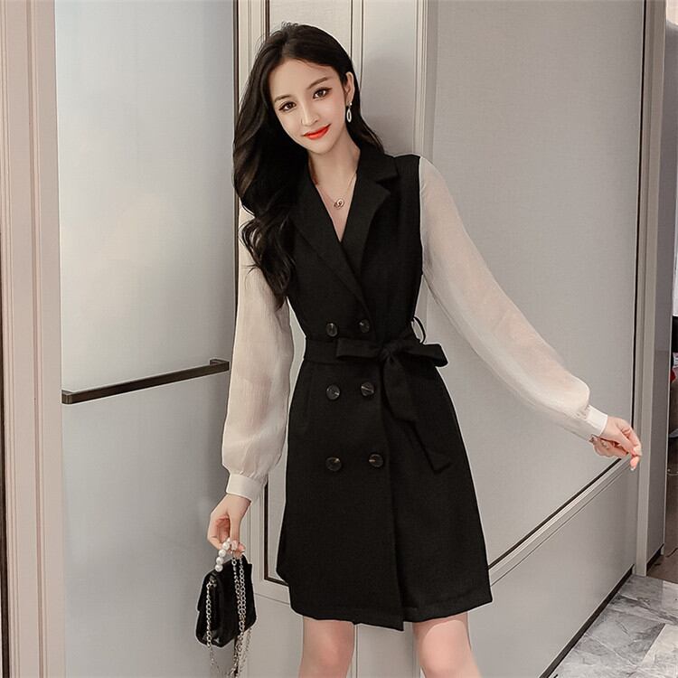 自社生産-高品質!通勤する 秋 新作 ワンピース Aライン フェイク2ピース バンディング スリム