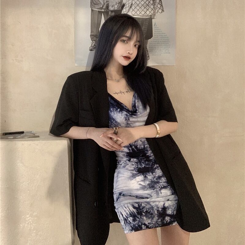 黒の半袖スーツレディース夏薄バージョンルーズミドル丈ジャケット2020新しいカジュアルスーツ ブラックストロベリース84351756629